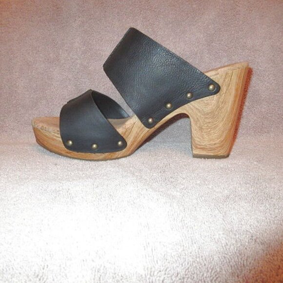 Kork-Ease Darra Sandals Size 9 Black Leather Wood Heel Cork Studs Platform Foam - Picture 2 of 11